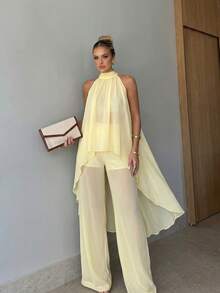 KARISMINA Women's Solid Color Woven Halter Jumpsuit, Spring/Summer Vacation - Pale Yellow - View 7