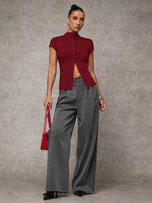 SHEIN BAE 女士秋季服装纯色高领短袖单排扣休闲女式上衣，纽扣针织衫，抓绒毛衣上衣，冬季服装 - 酒紅色 - 查看 7