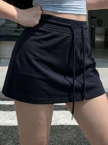 DAZY Falda casual versátil de unicolor con cordón en la cintura para mujer - Azul Marino - Ver 2
