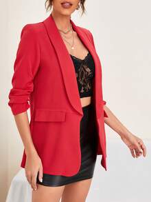 BizChic 女士薄款开襟中长款西装外套，基础款上衣，都市通勤简约时尚商务休闲外套，秋冬季办公室穿着 - 紅色 - 查看 4