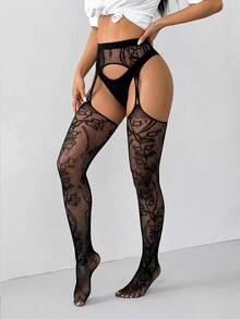 SHEIN Slayr Pattern Stockings Black Lace Pattern Tights Fishnet Pattern Tights Gothic Tights Pattern Mesh - Black - View 4