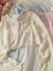 Resyla Blusa corta casual con borde de lechuga y lazo delantero - Albaricoque - Ver 3