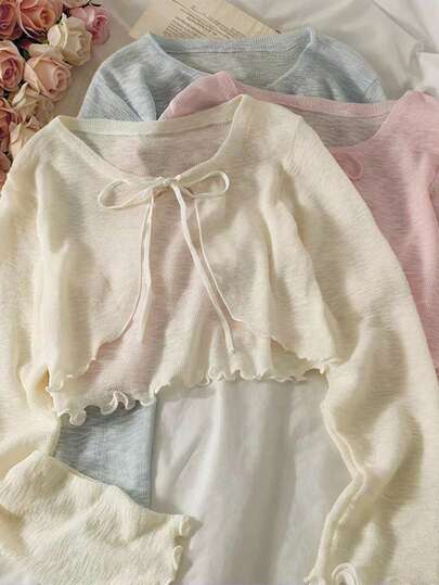 Resyla Casual Lettuce Hem Tie Front Cropped Blouse Long Sleeve Tops Women Loose Fit