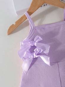 SHEIN Playful Pals Baby Girls' Casual Sleeveless Elastic Ribbed Romper With Bow Decor, Short Jumpsuit For Summer, Pink - Purple - View 7