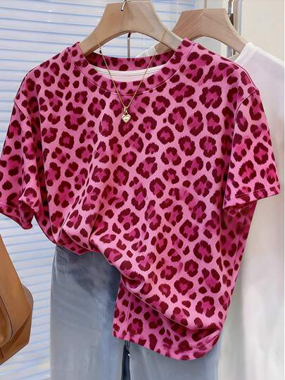 Pink Leopard Print All-Over Short Sleeve Crew Neck Top, Fashionable For Girls & Teens, Suitable For All Seasons