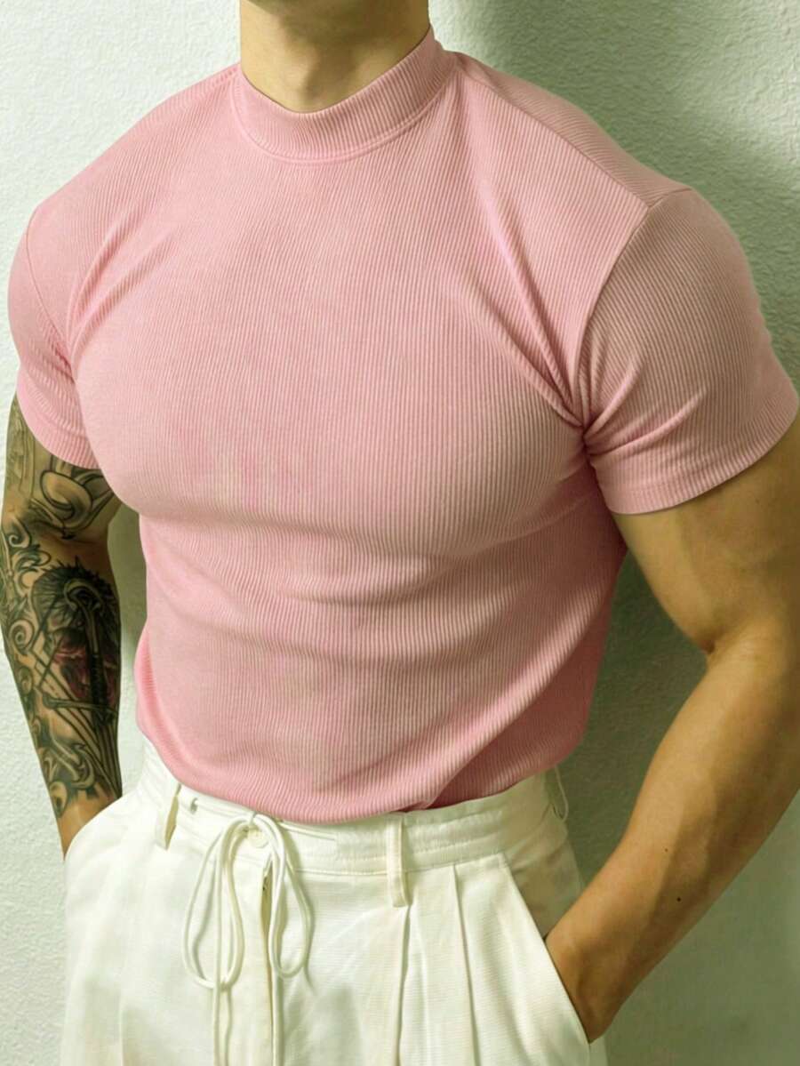 GymBeat Camiseta deportiva de manga corta de punto acanalado de unicolor casual para hombres, verano, gimnasio - Rosa - Ver 1