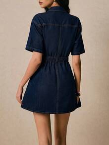 Poéselle Đầm denim nữ kiểu dáng thường ngày cài cúc phía trước, thích hợp cho mùa hè. - Màu xanh lam - Xem 2