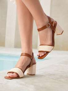 Styleloop Giày sandal đế vuông đế giữa, thoải mái, dễ chịu cho nữ, chất liệu vải dệt và da PU, thiết kế quai hai tông màu, phù hợp để mặc hàng ngày, dự tiệc, phong cách Boho, phương Tây, lễ hội âm nhạc - màu nâu - Xem 10