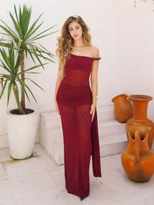 Ananda Vibes Vestido de mujer minimalista de unicolor con cuello asimétrico, vestido de verano, vestido maxi de malla, vestido formal de un hombro, vestido maxi ajustado, vestido de invitada de boda de otoño para fiestas - Burdeos - Ver 6
