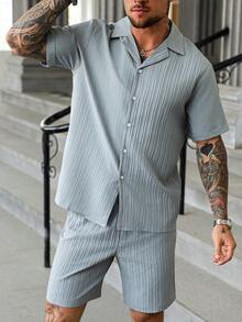 Manfinity Homme Men's Mature Vacation Casual Front Button Shirt And Shorts Set - Light Grey - View 3