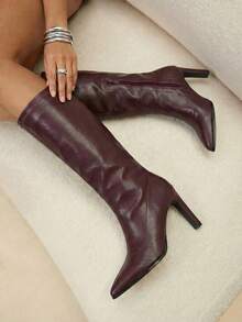 Daringsoles 女士尖头粗跟高跟紧身弹力PU皮性感侧拉链秋冬靴前卫舞会通勤女靴 - 酒紅色1 - 查看 2