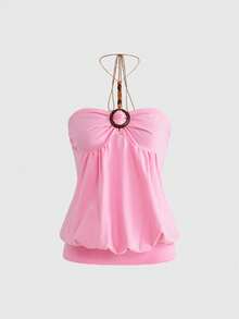 ROMWE Avant Retro Subculture Beaded Halter Neck Fitted Women Tank Top - Pink - View 1