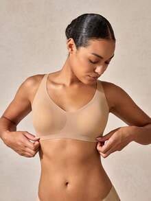 Veilyse 1pc Wireless Seamless Solid Color Comfortable Wide Strap Ladies Brafor Summerfor Summer - Apricot - View 7