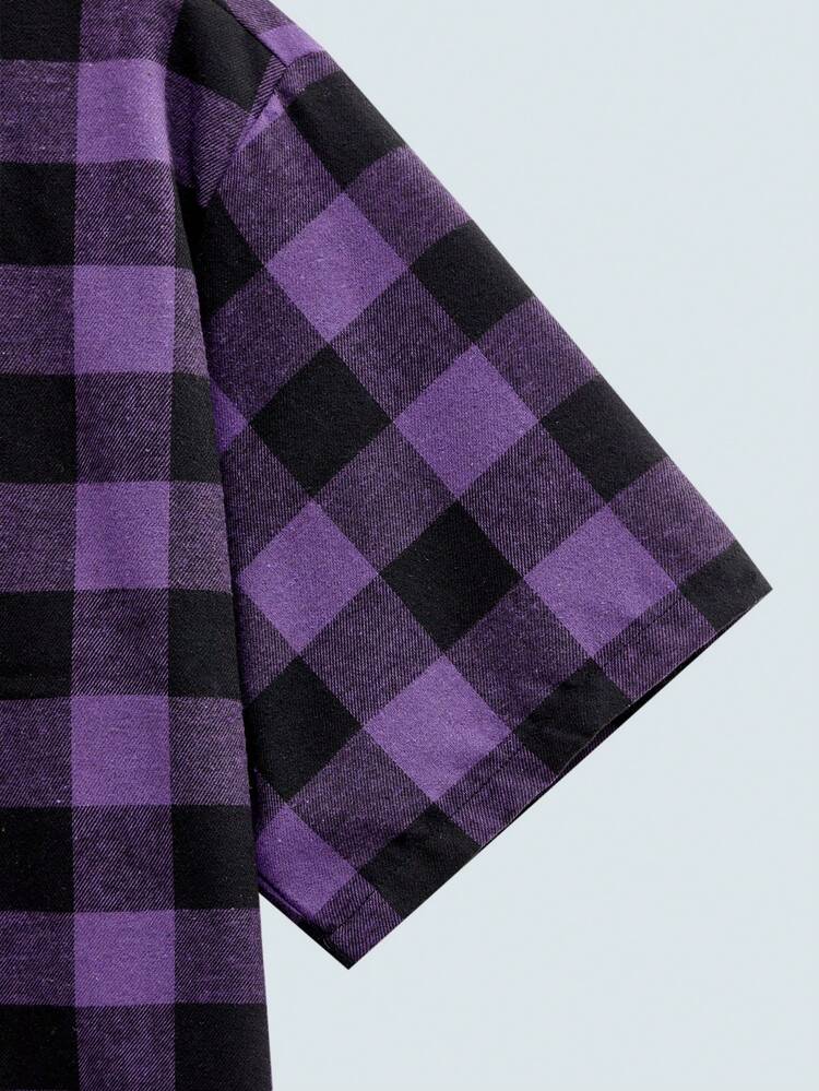 Modcrash 男士休闲格子印花短袖衬衫 - 紫色 - 查看 4