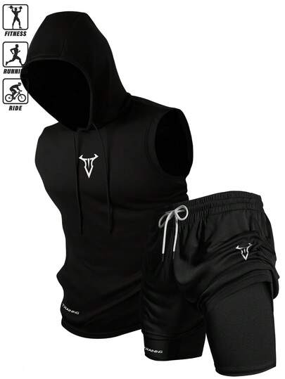 Manfinity Sport Corelite Bộ đồ thể thao mùa hè dành cho nam, gồm áo khoác có mũ và quần short, in họa tiết, có dây rút, thích hợp cho tập thể dục, chạy bộ và đạp xe.