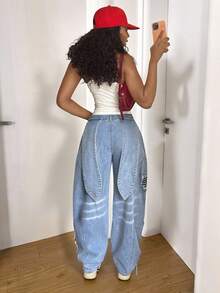 SHEIN HypeZone Women's Fashion Casual Versatile Flared Leg Jeans With Rabbit Ear & Star Print - Light Wash - View 2