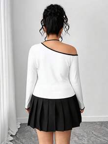 Elenzga 大码女式撞色滚边不对称下摆长袖T恤，配蝴蝶结 - 黑與白 - 查看 2