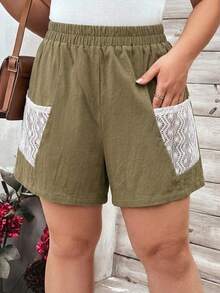 SHEIN VCAY 大码女式弹力腰带口袋设计休闲短裤 - 軍綠色 - 查看 1