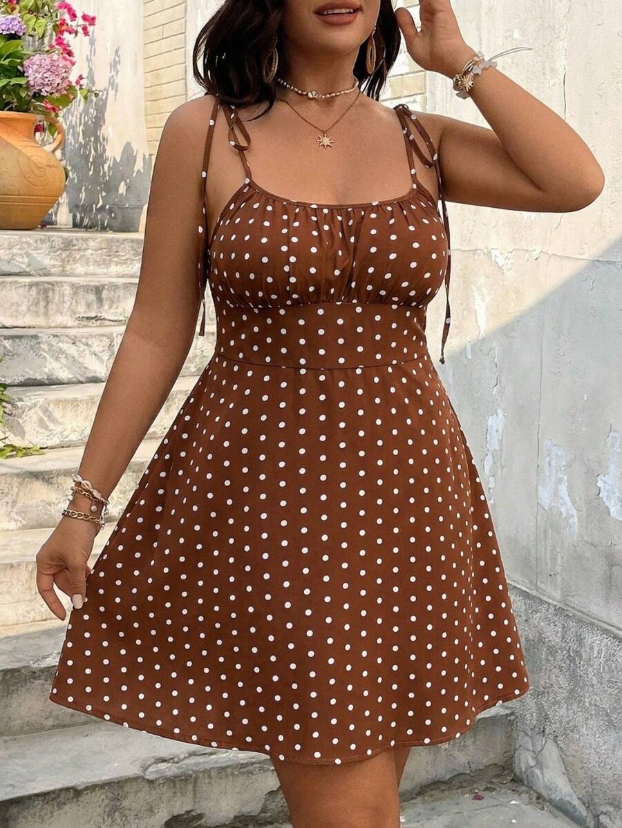 SHEIN VCAY 大码波点印花系带休闲吊带连衣裙 - 咖啡棕 - 查看 1