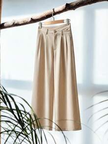 Zanirela 女式条纹不对称腰带口袋阔腿裤 - 卡其色 - 查看 1