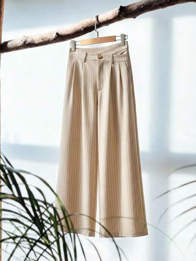 Zanirela Zanirela Women's Elegant Khaki Pinstripe Woven Fabric Long Pants With Zipper Detail Fall Cloth For Women