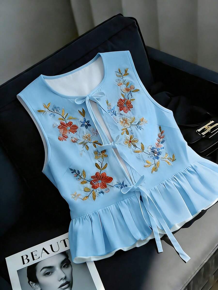 Franclia 优雅休闲百搭无袖衬衫，领口饰有蝴蝶结，适合日常穿着、度假、约会、派对、海滩、办公室和通勤等场合。 - 藍色 - 查看 1