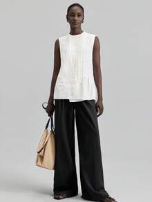 Ontre 2025新款奶油黄无袖亚麻混纺不对称宽松休闲衬衫，舒适OL通勤装，高品质机场时尚 - 杏色 - 查看 6