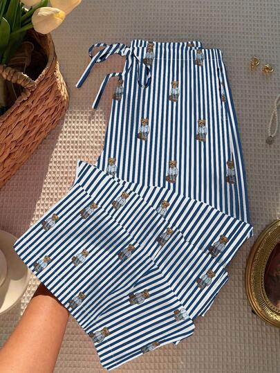 Comfortcana Women's Casual Minimalist Blue Striped Bear Print Loose Wide Leg Thin Straight Pants, Suitable For Spring/Autumn, Summer Home, Vacation, Party, School Style, Sports Events