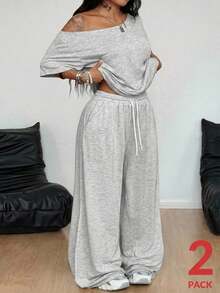 Coolane 女士大码春夏简约街头风日常休闲运动舒适露肩T恤和阔腿运动裤两件套 - 淺灰色 - 查看 1
