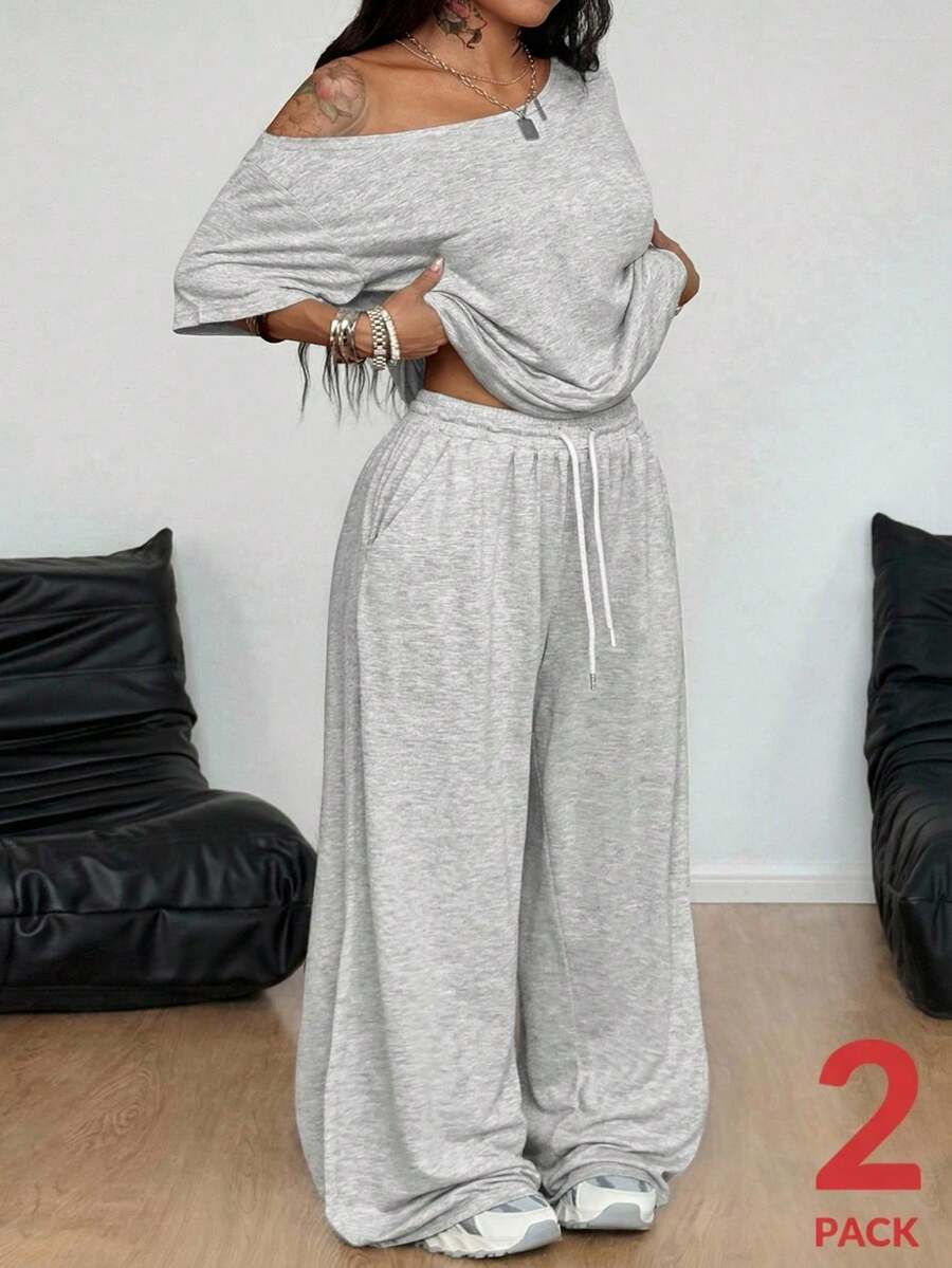 Coolane 女士大码春夏简约街头风日常休闲运动舒适露肩T恤和阔腿运动裤两件套 - 淺灰色 - 查看 1