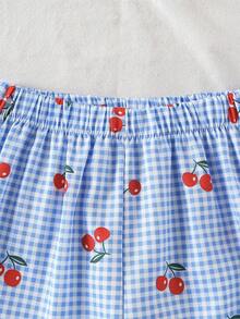 SHEIN Elladie kids 少女简约时尚蓝白格纹樱桃印花无袖上衣搭配宽松直筒裤套装，活力四射的春夏日常穿搭 - 藍色 - 查看 4