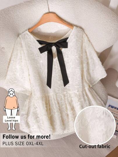 CosyJoli 大码女式镂空短袖上衣，蝴蝶结休闲衬衫