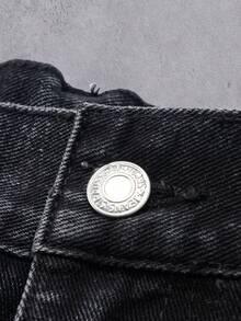Manfinity Denimwave Vintage American Personalized Frayed Hem High Street Embroidered Washed Loose Barrel Leg Jeans, Versatile For Daily Wear - Black - View 4