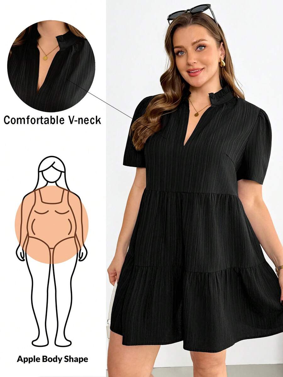 Shapeblank 大码女装春夏时尚休闲宽松舒适日常百搭显瘦纹理面料V领短袖黑色短裙,夏季穿搭,曲线连衣裙 - 黑色 - 查看 1