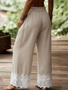 Balvessa 杏色亚麻质感蕾丝拼接腰部休闲女裤 - 杏色 - 查看 2