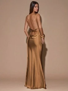 SHEIN BAE 性感简约纯色奶油黄深V领无袖露背系带鱼尾长裙，适合派对、鸡尾酒会、正式场合、伴娘、生日、圣诞节、商务休闲等场合。 - 棕色 - 查看 8