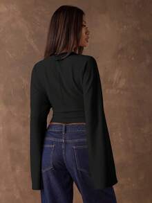 SHEIN BAE 女士春季简约纯色收腰喇叭袖上衣 - 黑色 - 查看 2