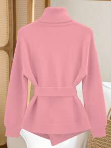 SHEIN LUNE Women's Soft Pink High Neck Loose Cinched Waist Asymmetrical Hem Pullover Sweater,Autumn Elegant Work Winter Pink Turtleneck Clothes For Women - Pink - View 2