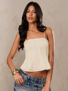 SHEIN BAE Áo hai dây croptop màu trắng, chất liệu pha lanh, thêu hoa 3D, thích hợp cho mùa hè, đi biển, kỳ nghỉ ở miền Nam nước Pháp, Ibiza, Ý. - Màu be - Xem 7