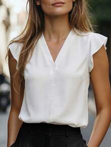 EMERY ROSE Women's Spring/Summer New Arrival Ruffle Sleeve V-Neck T-Shirt - White - View 1