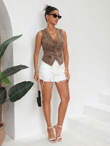 SHEIN Essnce Áo khoác denim nữ không tay, chất liệu denim mài, kiểu dáng thường ngày, có cúc phía trước, thích hợp cho mùa hè. - Cà phê nâu - Xem 6