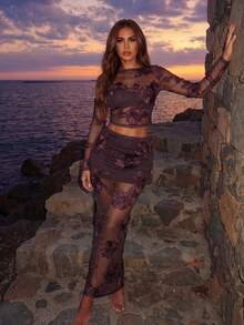 SHEIN Allurite 女士提花网纱不对称肩部长袖上衣和修身中长裙两件套 - 棕色 - 查看 1