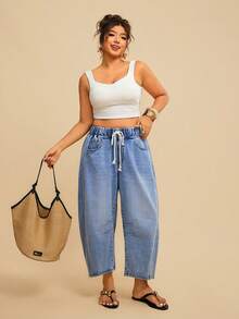 SHEIN TRVLCHIC Quần jeans ống loe cạp chun dành cho nữ cỡ lớn, phong cách thường ngày năng động, thích hợp đi làm, đường phố. - Rửa nhẹ - Xem 2