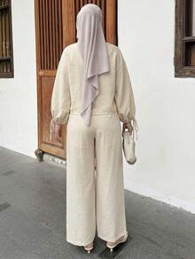 DAZY Bộ đồ nữ dáng rộng thoải mái kiểu đi biển, gồm áo thun ngắn tay và quần ống đứng, thích hợp cho mùa xuân/hè. - Màu be - Xem 2