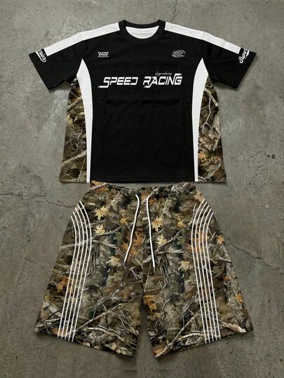 Manfinity EMRG Men's Letter & Tree Branch Print Short Sleeve T-Shirt And Shorts Casual Set