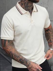 Manfinity CasualCool 男士短袖纹理面料 Polo 衫，适合外出、聚会和办公穿着 - 奶油色 - 查看 3