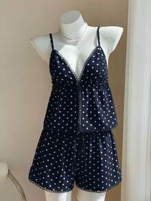 SHEIN EZwear 女士休闲藏蓝色波点两件套，包含波点印花吊带背心和长裤，适合春季、夏季、度假、居家、音乐节、返校季、休闲穿着。 - 彩色 - 查看 5