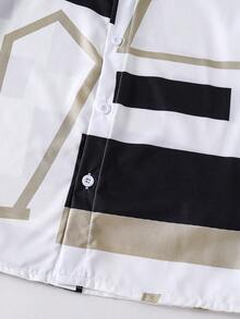 Vacaura 2 piezas Conjunto de estilo retro para niños, camisa polo con estampado geométrico de color contrastante emparejada con pantalones cortos sueltos, adecuado para primavera/verano casual, eventos escolares, diseño atemporal, duradero, esquema de color neutro con estética elevada - Blanco - Ver 7
