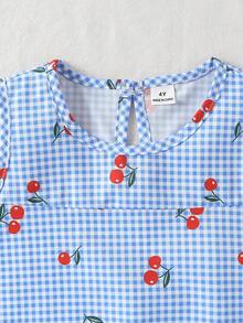 SHEIN Elladie kids 少女简约时尚蓝白格纹樱桃印花无袖上衣搭配宽松直筒裤套装，活力四射的春夏日常穿搭 - 藍色 - 查看 5