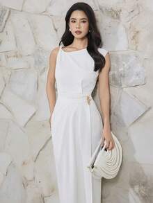 Heiryn This New, Uniquely Designed Dress Features An Asymmetrical Twisted Neckline, Asymmetrical Waist With Pleats, And An Elegant, Sophisticated Look Perfect For Commuting. - White - View 1